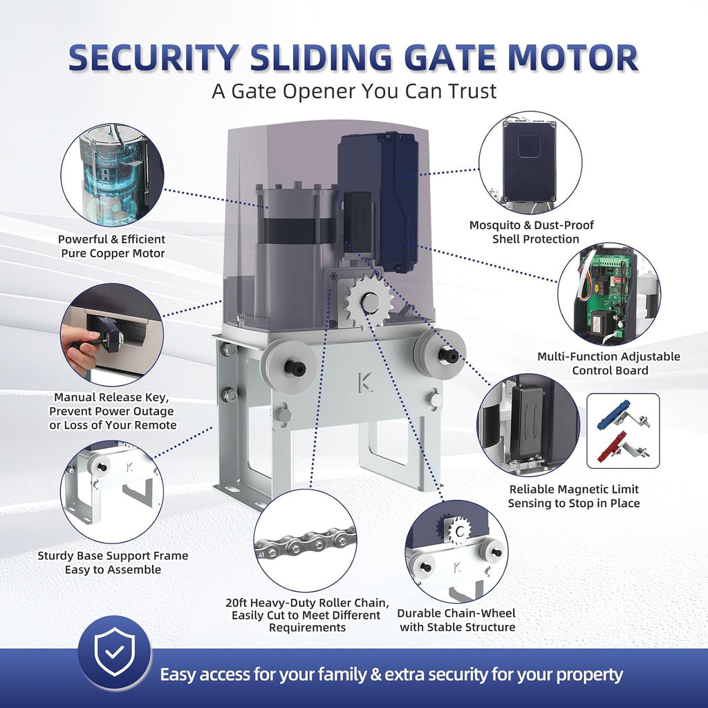 Automatic Chain Drive Sliding Gate Opener with 2 Remote Controls, 280W Electric Gate Motor for Driveway Slide Gate Up