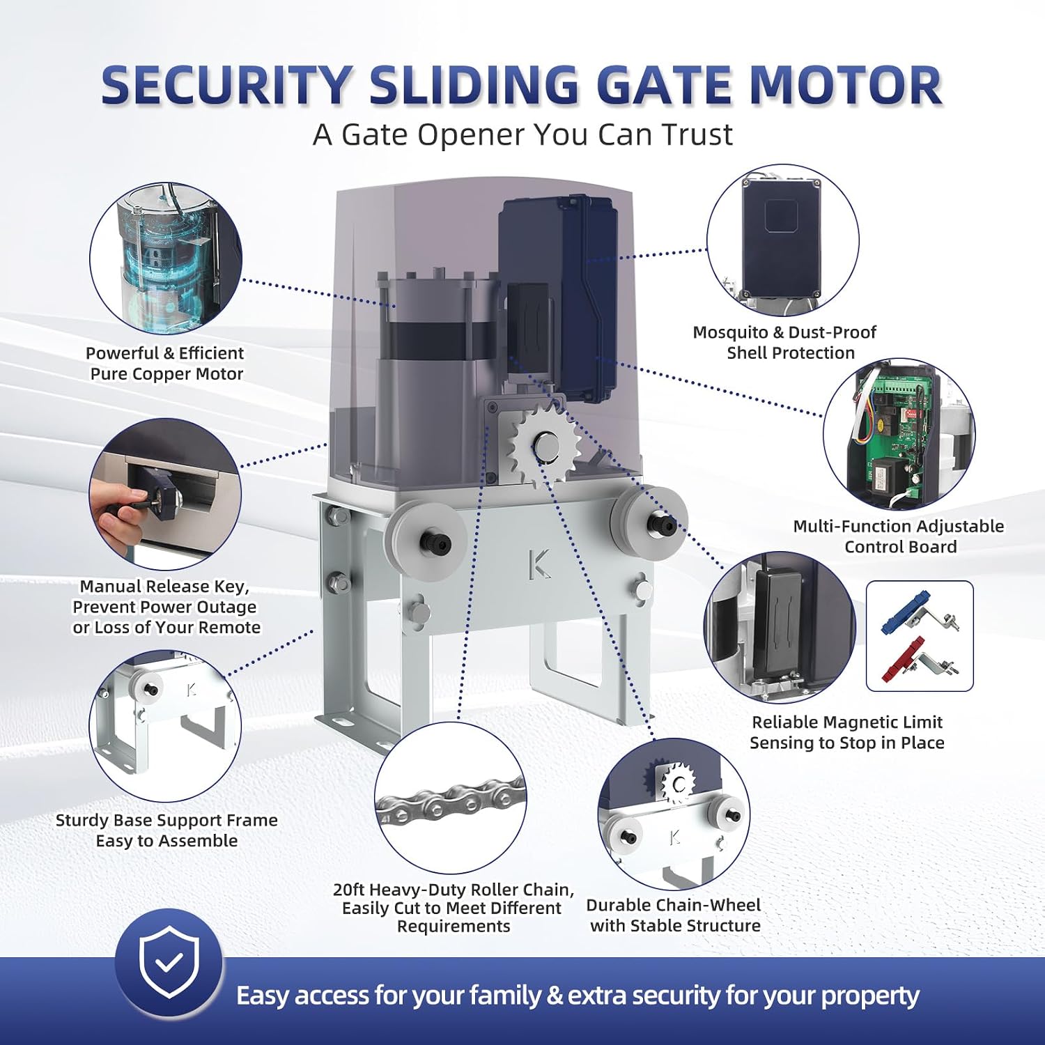 Automatic Chain Drive Sliding Gate Opener with 2 Remote Controls, 280W Electric Gate Motor for Driveway Slide Gate Up