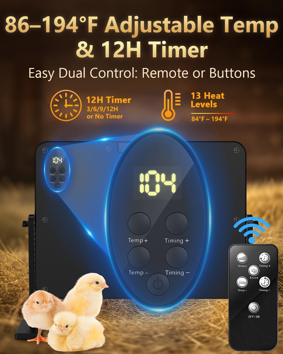Chick Brooder Heating Plate with 86–194℉ Adjustable Temp, 12H Timer, Adjustable Height & Angle, 200W Rapid Heating