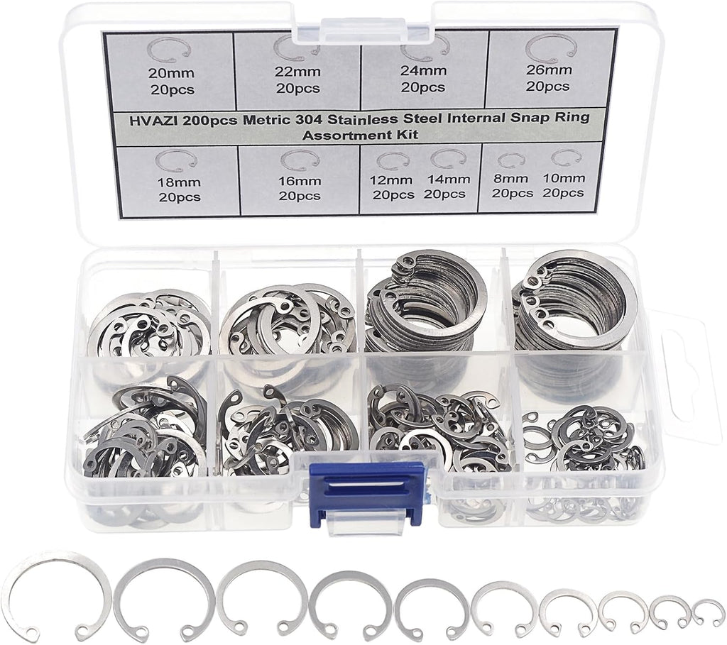 200PCS 8-26mm 304 Stainless Steel Metric Internal Snap Ring Kit