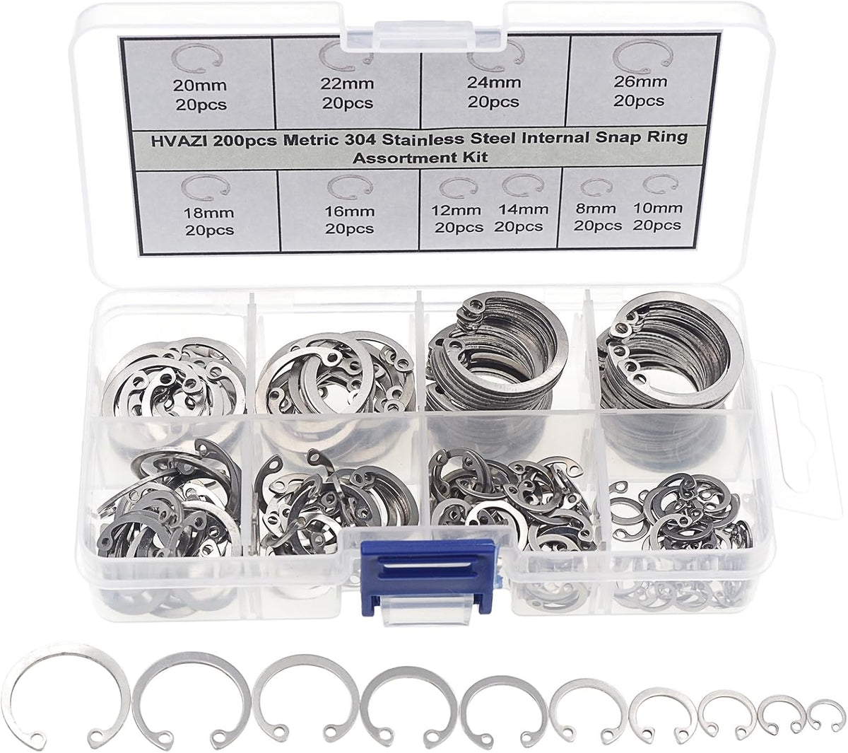 200PCS 8-26mm 304 Stainless Steel Metric Internal Snap Ring Kit