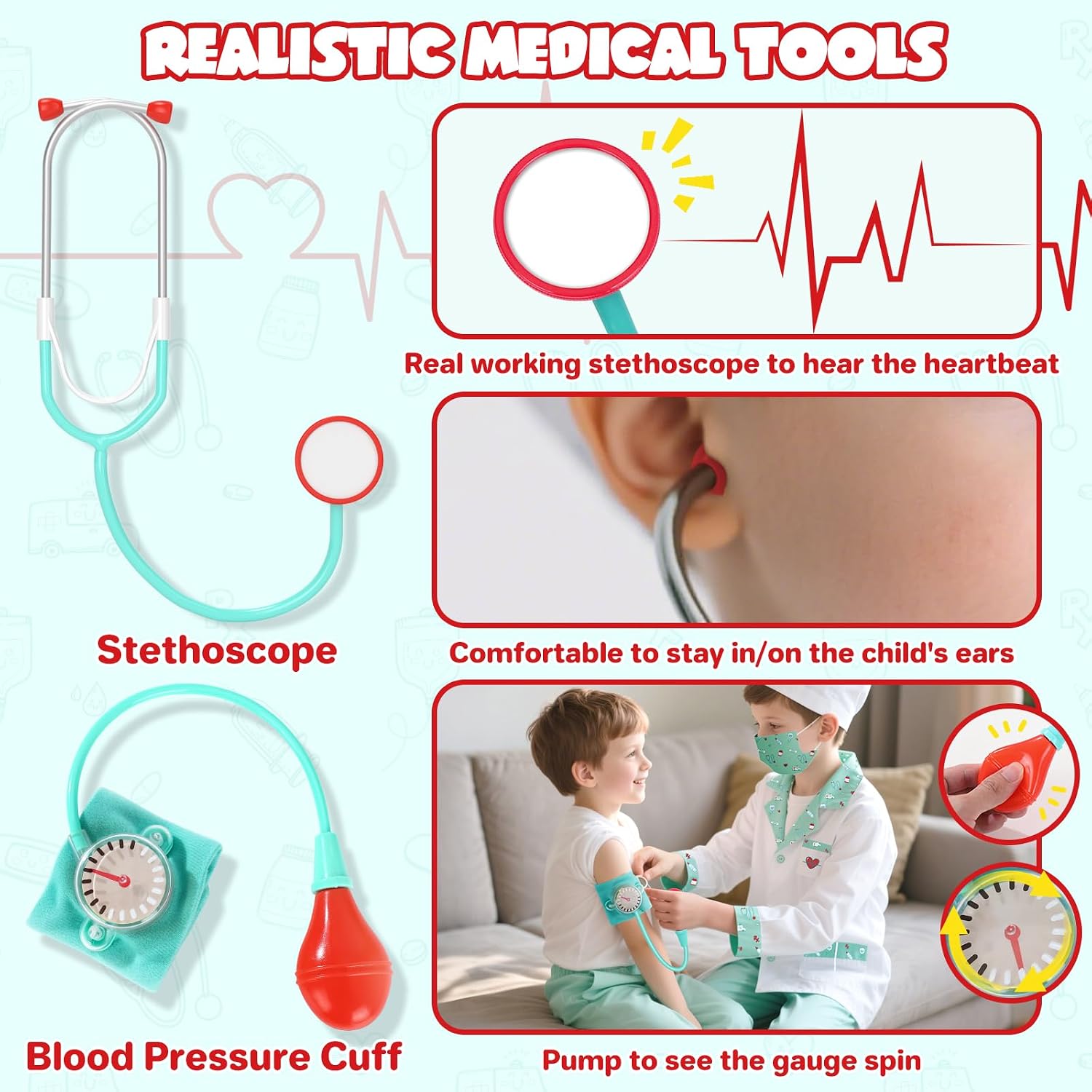 Doctor Costume for Kids, Doctor Dress Up and Play Set 8 PCS with Stethoscope, Role Play Costume for Toddlers 4-6