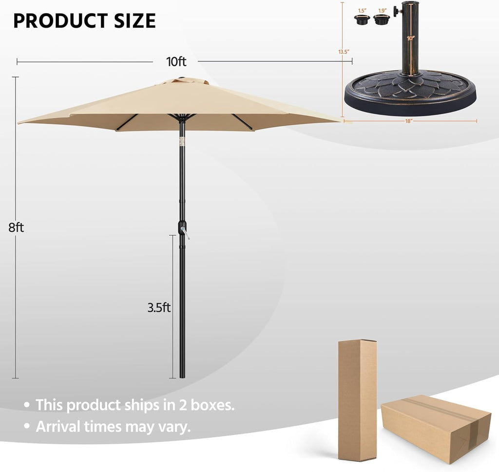 10FT Patio Sunshade with 26.5lb Umbrella Base Outdoor Table Sunshade w/Push Button Tilt, Crank and Sturdy Ribs, Patio