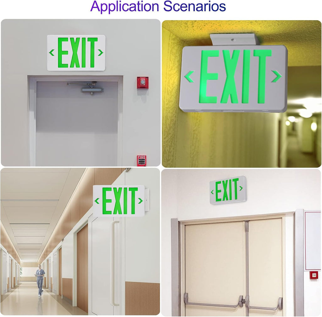 Green Exit Sign, LED Emergency Exit Light with Battery Backup, UL Listed, AC 120/277V, Hardwired Exit Signs with