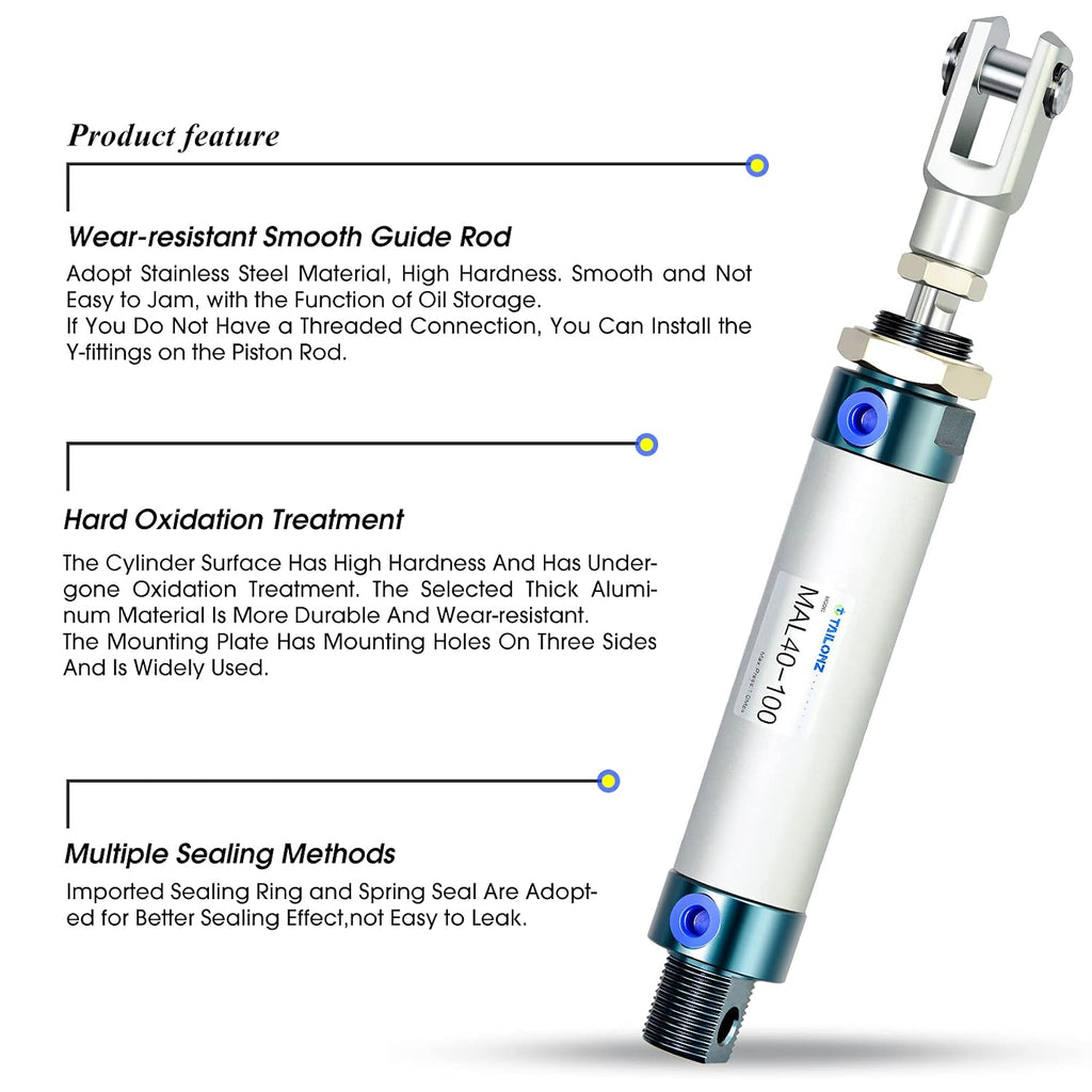 TAILONZ PNEUMATIC 40mm Bore 100mm Stroke Air Cylinder Double Action with Y Connector and 2Pcs 8mm Fitting MAL40x100
