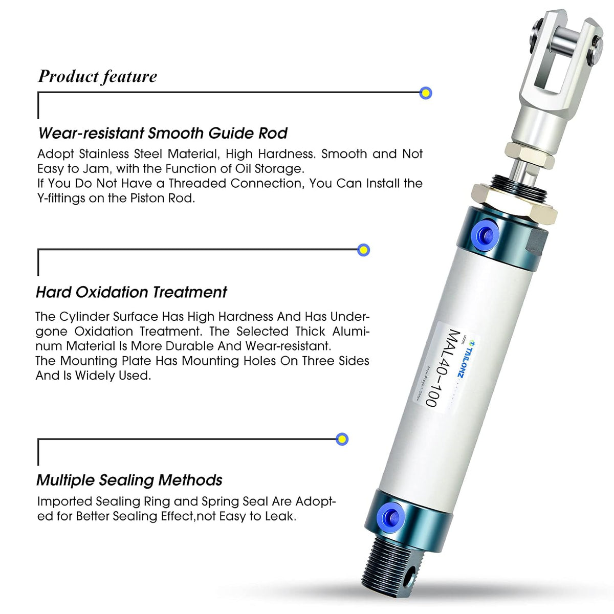TAILONZ PNEUMATIC 40mm Bore 100mm Stroke Air Cylinder Double Action with Y Connector and 2Pcs 8mm Fitting MAL40x100