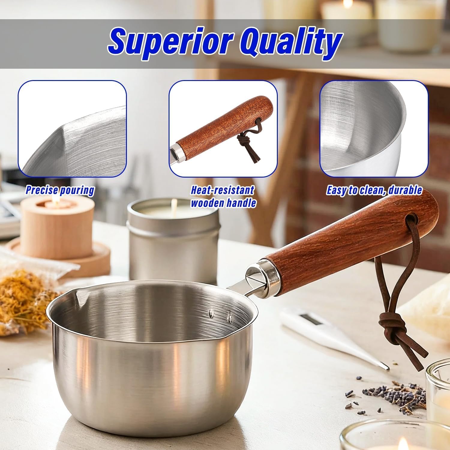 Wooden Handle Wax Melting Pot for Candle Making, Stainless Steel Pouring Pitcher with Spout, Heat-Resistant Handle