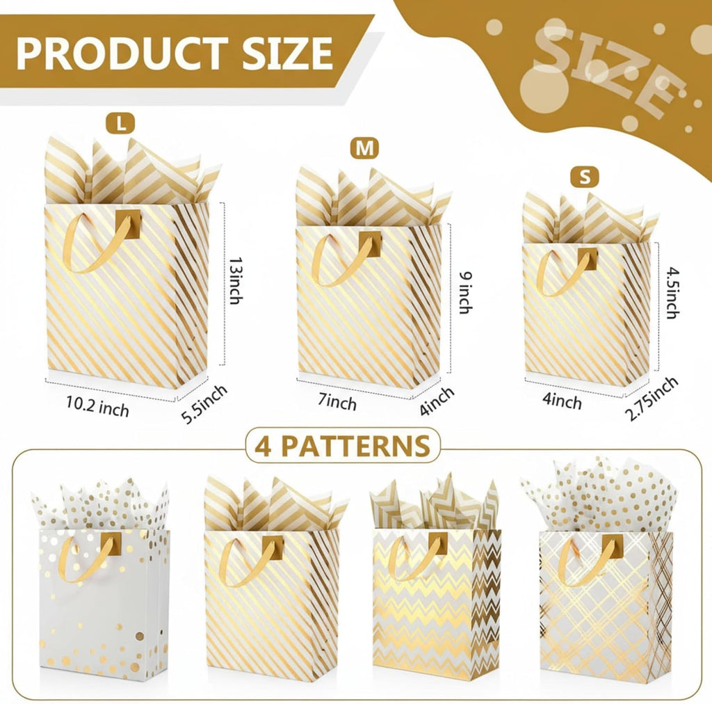 12 Pcs Assorted Gift Bags with Handles Metallic Gold,White.gold