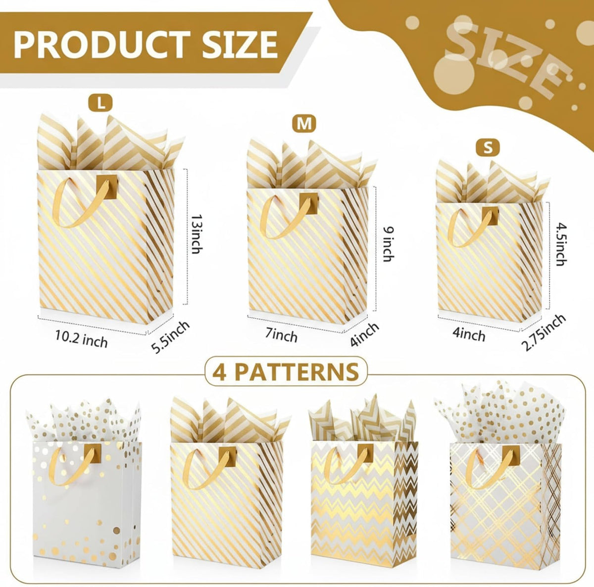 12 Pcs Assorted Gift Bags with Handles Metallic Gold,White.gold