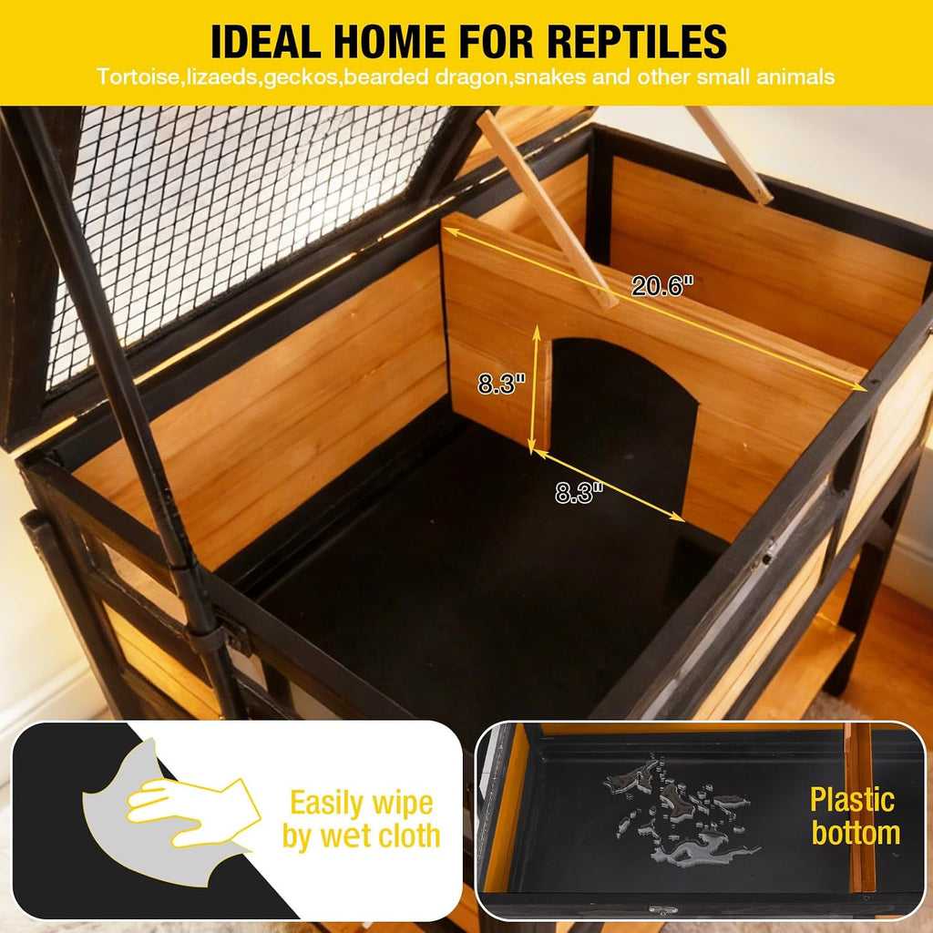 Tortoise Habitat Turtle Enclosure, Wooden Tortoise House Reptile Cage for Small Animals, Reptile Tank with Large