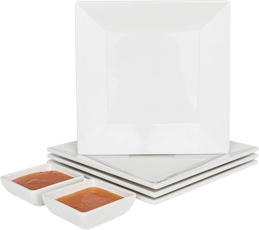 [4 Pack 10" x 10" White Square Melamine Plates, Unbreakable Elegant Dinnerware Set With Sauce Dish