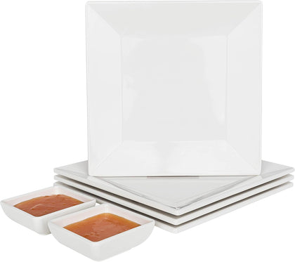 [4 Pack 10" x 10" White Square Melamine Plates, Unbreakable Elegant Dinnerware Set With Sauce Dish