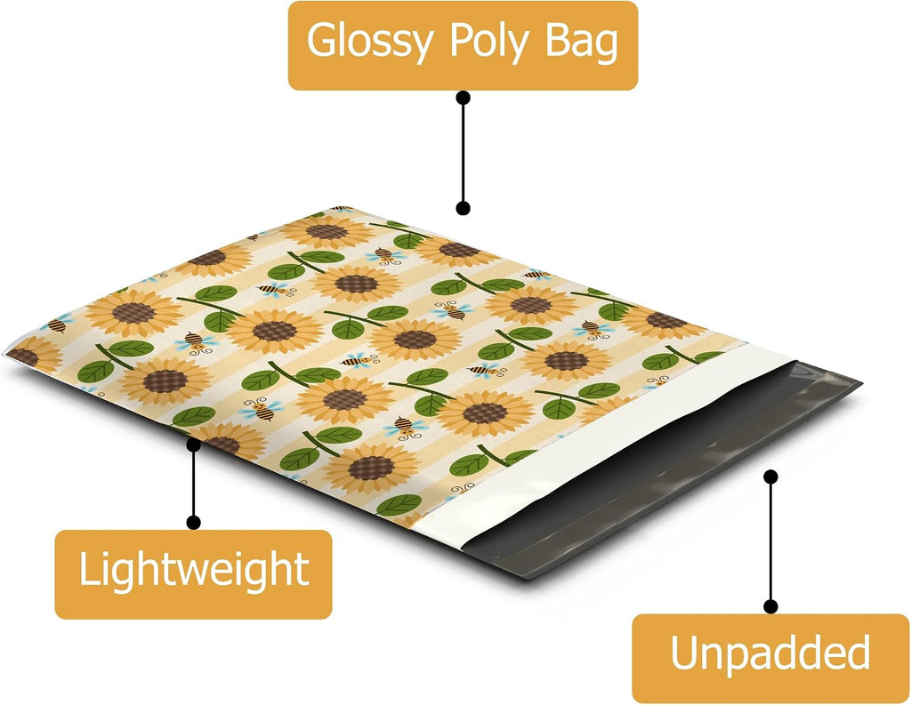 Sunflowers & Bees Designer Poly Mailers - 50 Packs 12"x15" - Ideal Waterproof Self-Sealing Polymailers