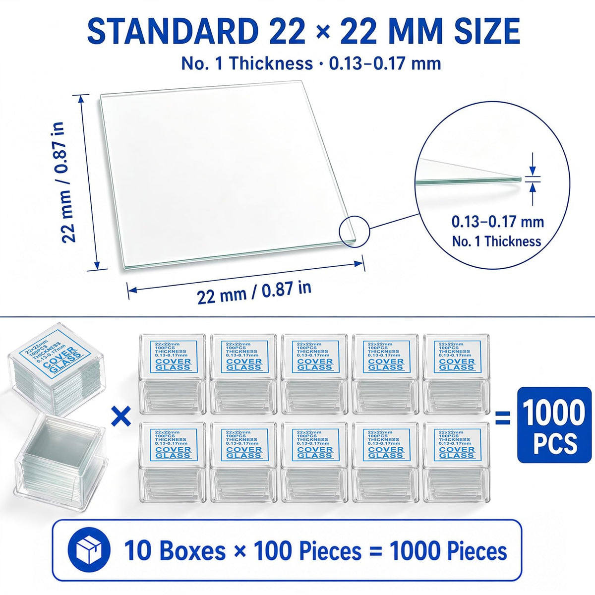 1000 Pcs Microscope Cover Slips 22 x 22 mm, 0.13-0.17mm Thick