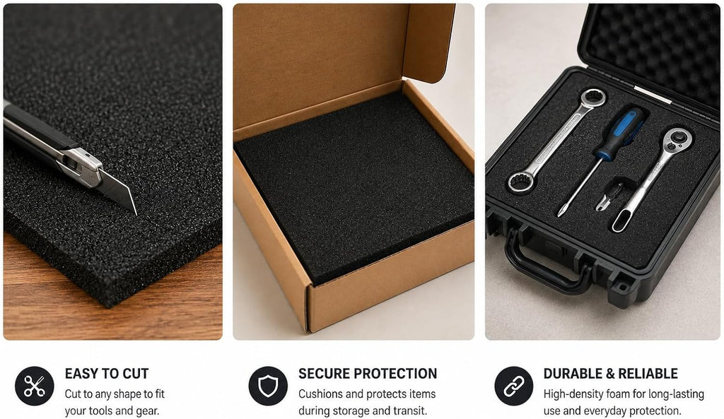 Polyethylene Foam Sheets 16 x 12 x 2 Inch, Closed Cell PE Foam, Tool Box & Case Insert, Black, 2 Pack