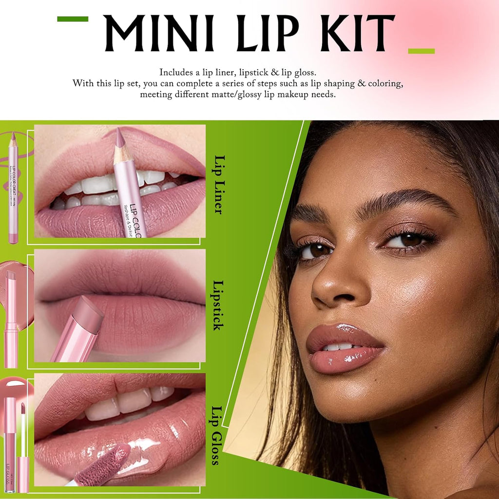 Nude Pink Lip Kit - Matte Lipstick Cream Lip Liner and Gloss Set High Pigment Plumping Lip Pencil Moisturizing