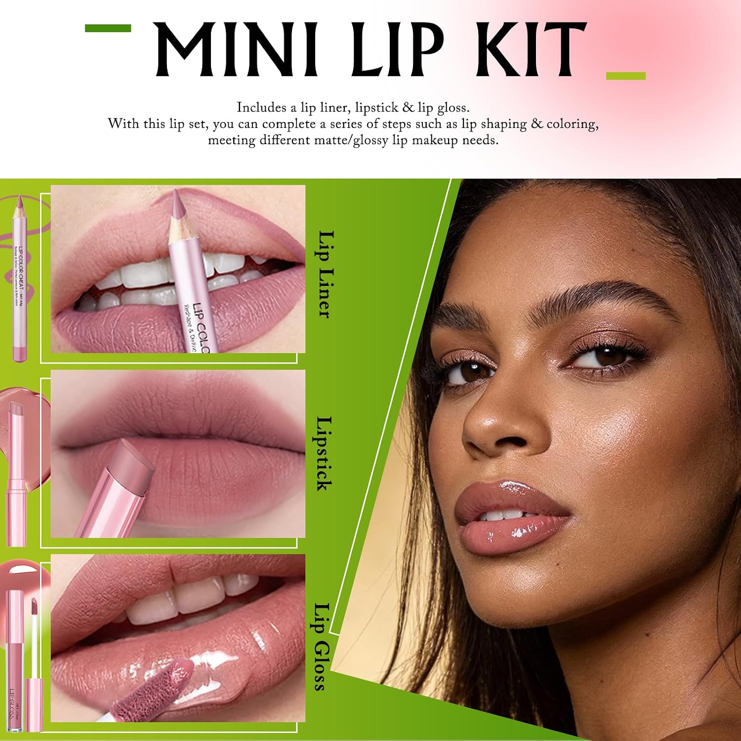 Nude Pink Lip Kit - Matte Lipstick Cream Lip Liner and Gloss Set High Pigment Plumping Lip Pencil Moisturizing