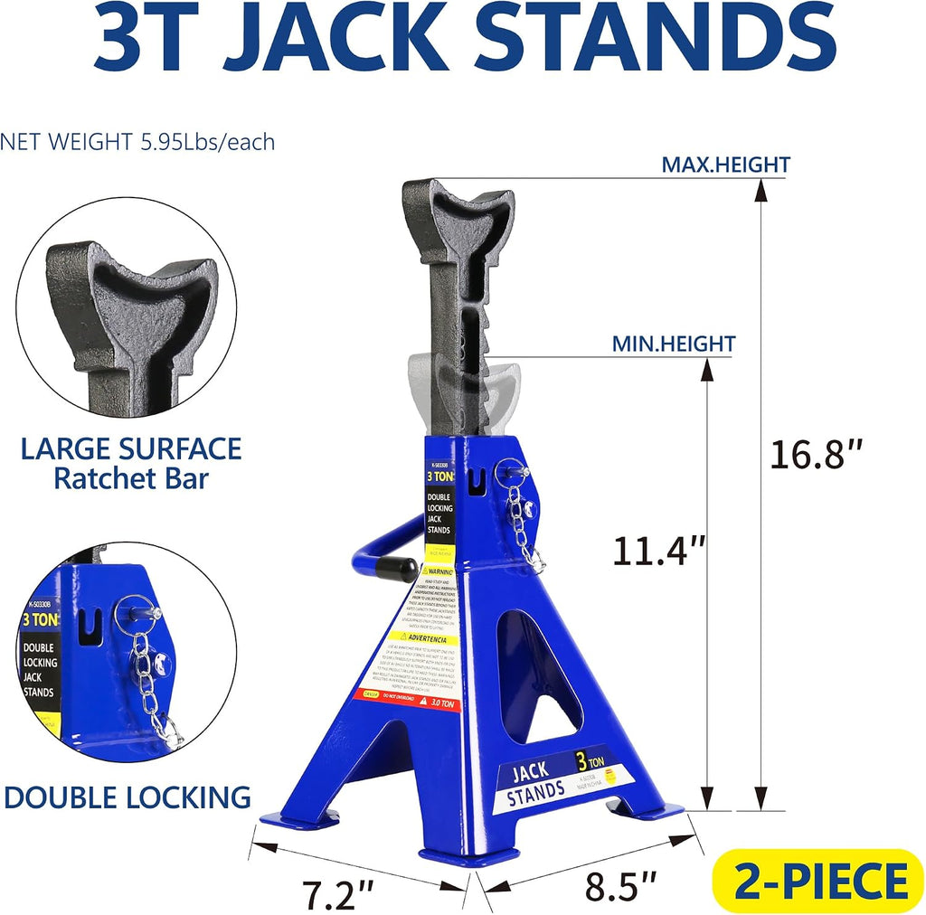 Black+Blue 2 Ton Low Profile Steel Racing Floor Jack with Quick Lift Pump - 2t Jack Stand Tire Repair Kit - Lifting