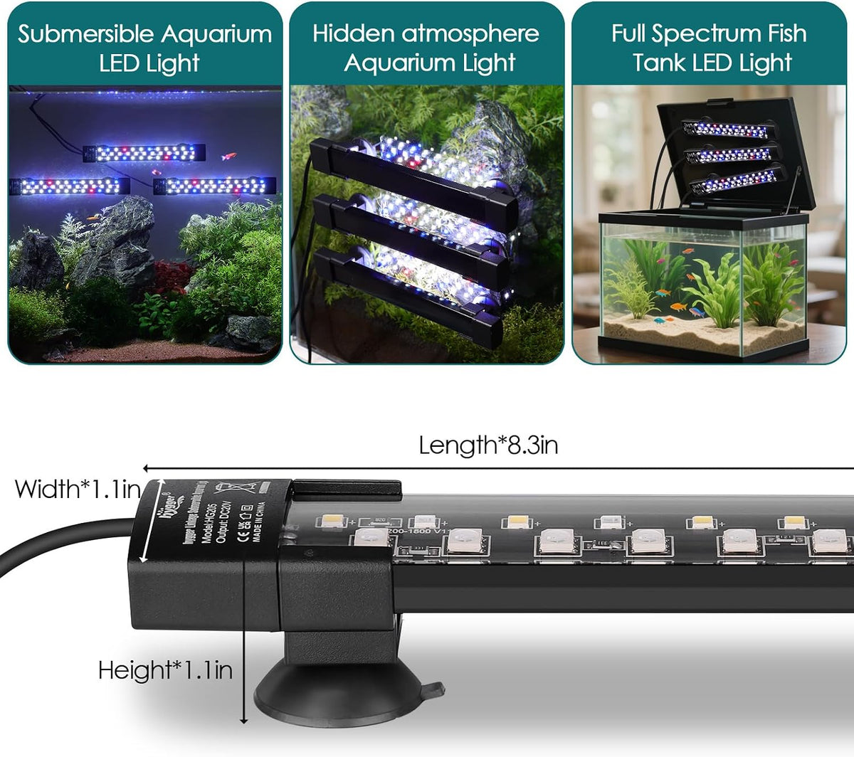 Dual-Channel Controller Submersible Aquarium LED Light, 24/7 Mode Full Spectrum Hidden Fish Tank Light with 3 Rows