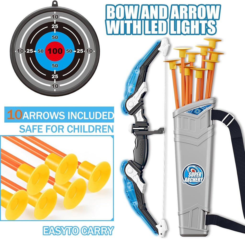 Kids Bow and Arrow Set,Archery Toy Set with Light-up LED,10 Suction Cup Arrows,Foam Dart Shooting Toy,Target and