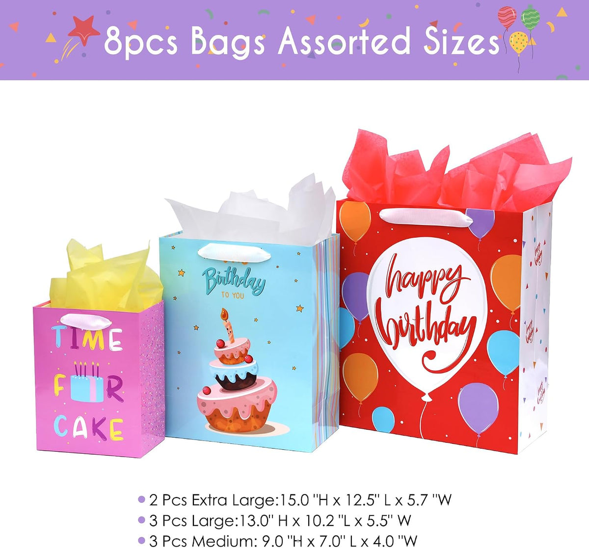 8 Pack Birthday Gift Bags Assorted Sizes with Tissue Paper