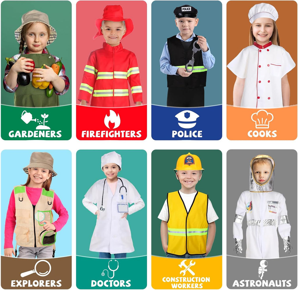 8 Sets Kids Role Play Dress up Clothes, Washable Astronaut Construction Policeman Fireman Doctor Chef Gardener
