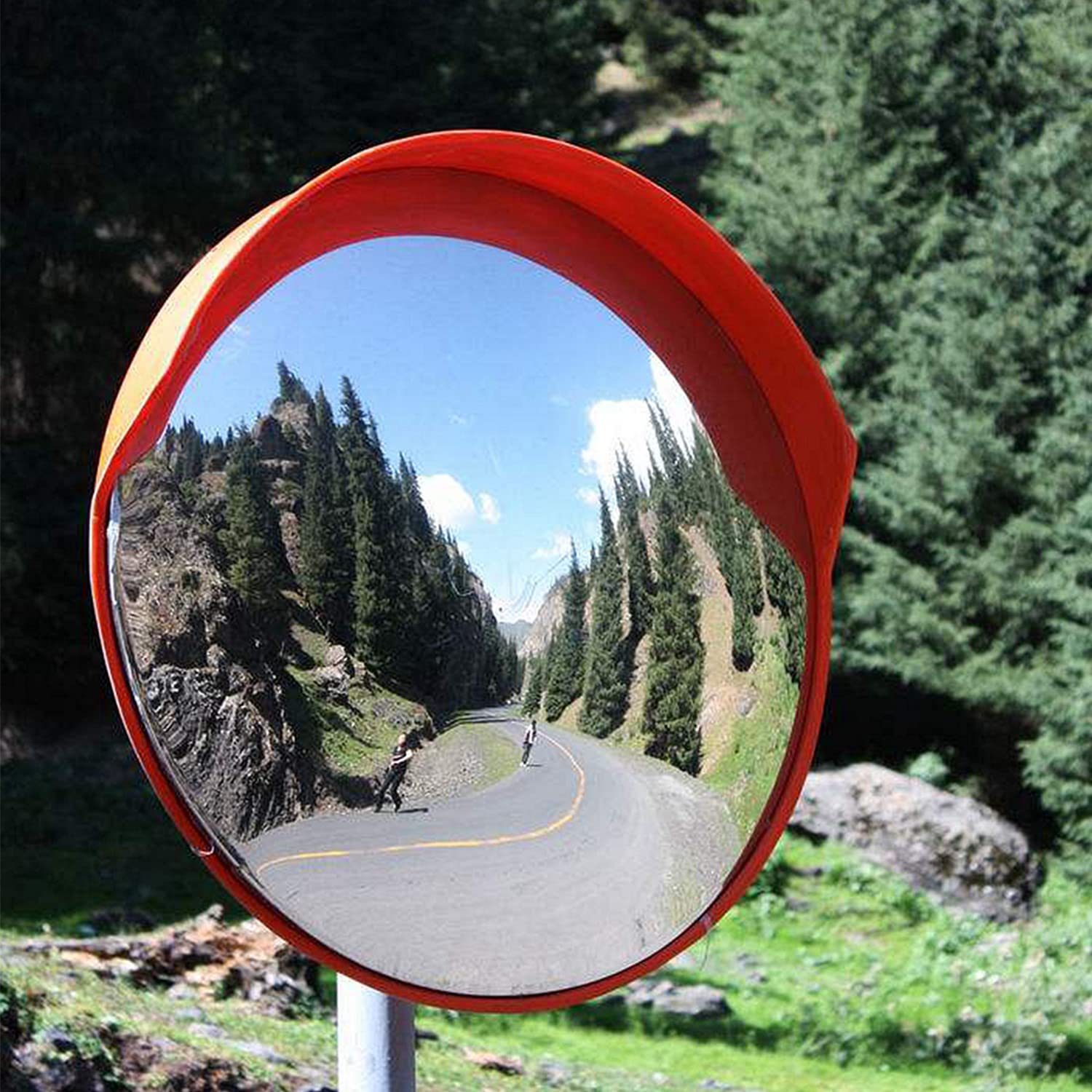 18" Convex Mirror for Pole, 18 Inch Orange Driveway Traffic Mirror for Blind Spot, Wide View Security Mirrors for