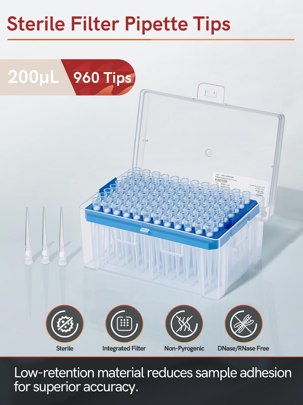 200ul Sterile Filter Pipette Tips, Universal Racked Tips, 960 Tips