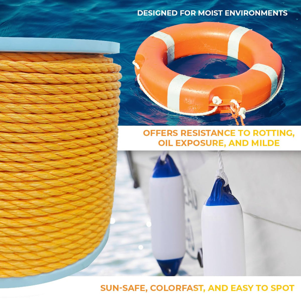 Heavy Duty PP/Polyester/Nylon Rope on Spool, Yellow, 3/8inX600FT