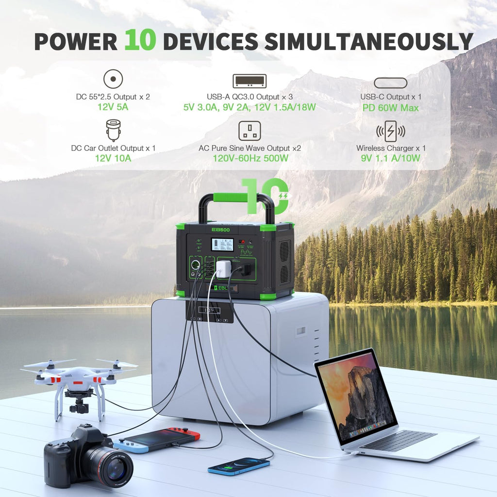 Portable Power Station 500w(Peak 1000W), Camping Solar 519.48Wh Outdoor | Solar Generator Backup Battery Pack with