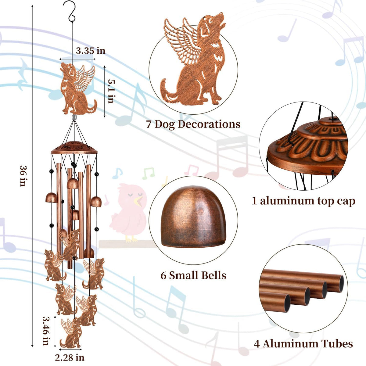 Pet Memorial Wind Chimes, Pet Bereavement Gift for Loss of Pet, Remembrance Sympathy Keepsake, 36" Wind Chime Outdoor