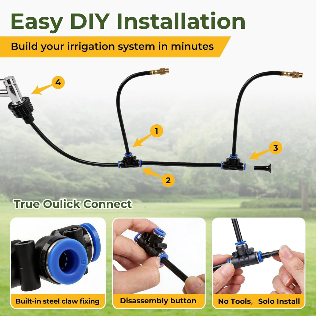50FT Drip Irrigation Kit, 360° Adjustable Garden Watering System with 1/4" Tubing, Brass Misting Nozzles, DIY