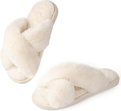 Memory Foam Fuzzy Slippers for Women,Open Toe House Shoes | Faux Fur Cross Band,Indoor Outdoor Slippers, Anti-Slip
