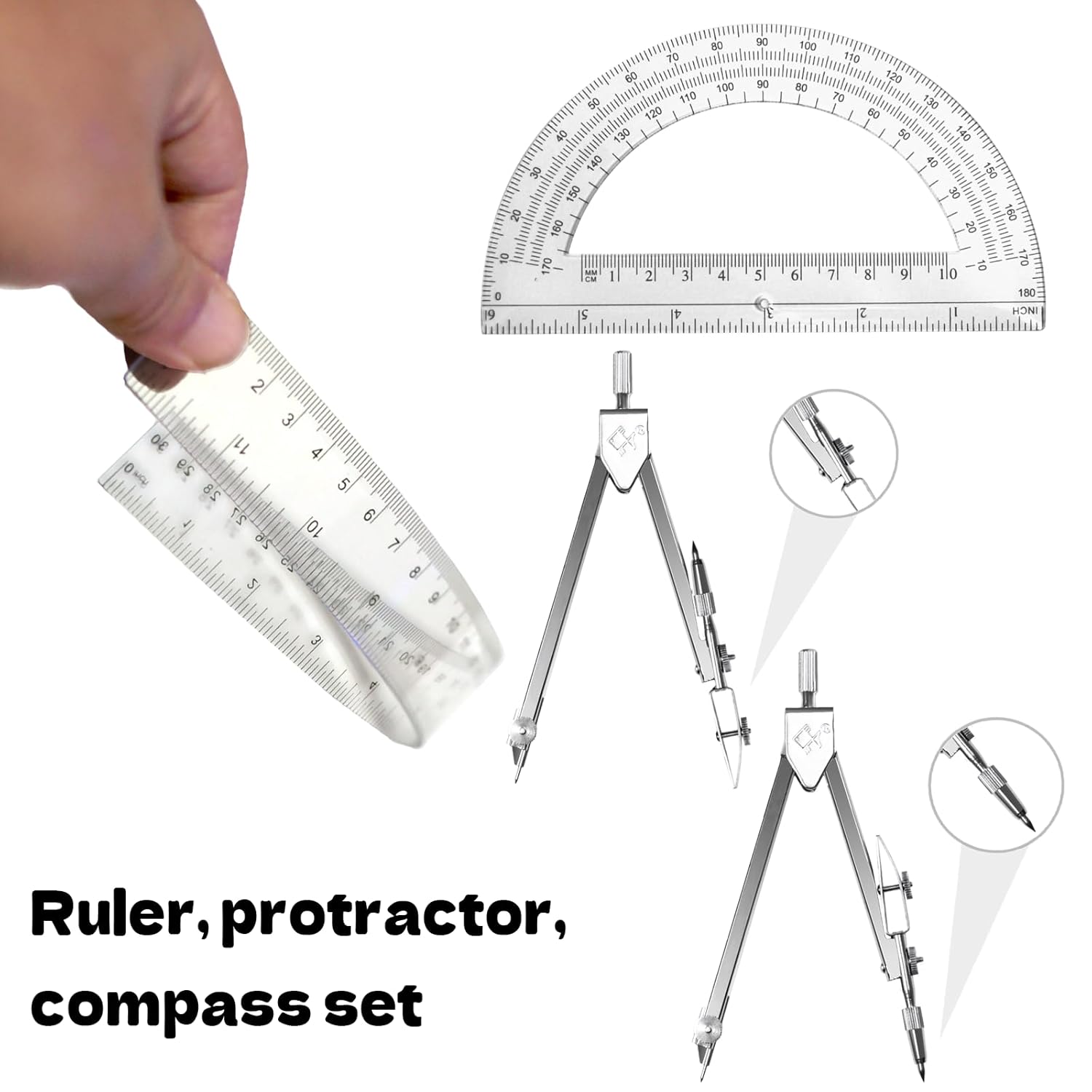 3 Packs Plastic 12 Inch Ruler,6 Inch Clear Protractor and Compasses Set Student Geometry Math Set for Classroom Set