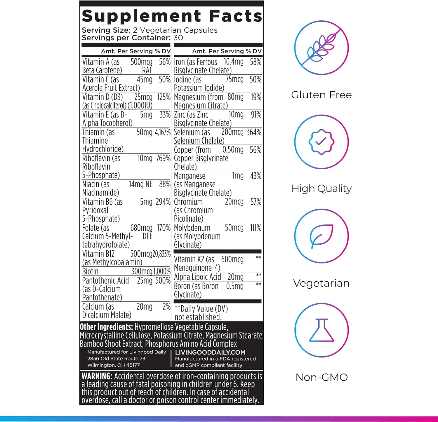Methylated Multivitamin for Women and Men, Multi Vitamin Supplement with Alpha Lipoic Acid, B Vitamins, Iron, Zinc