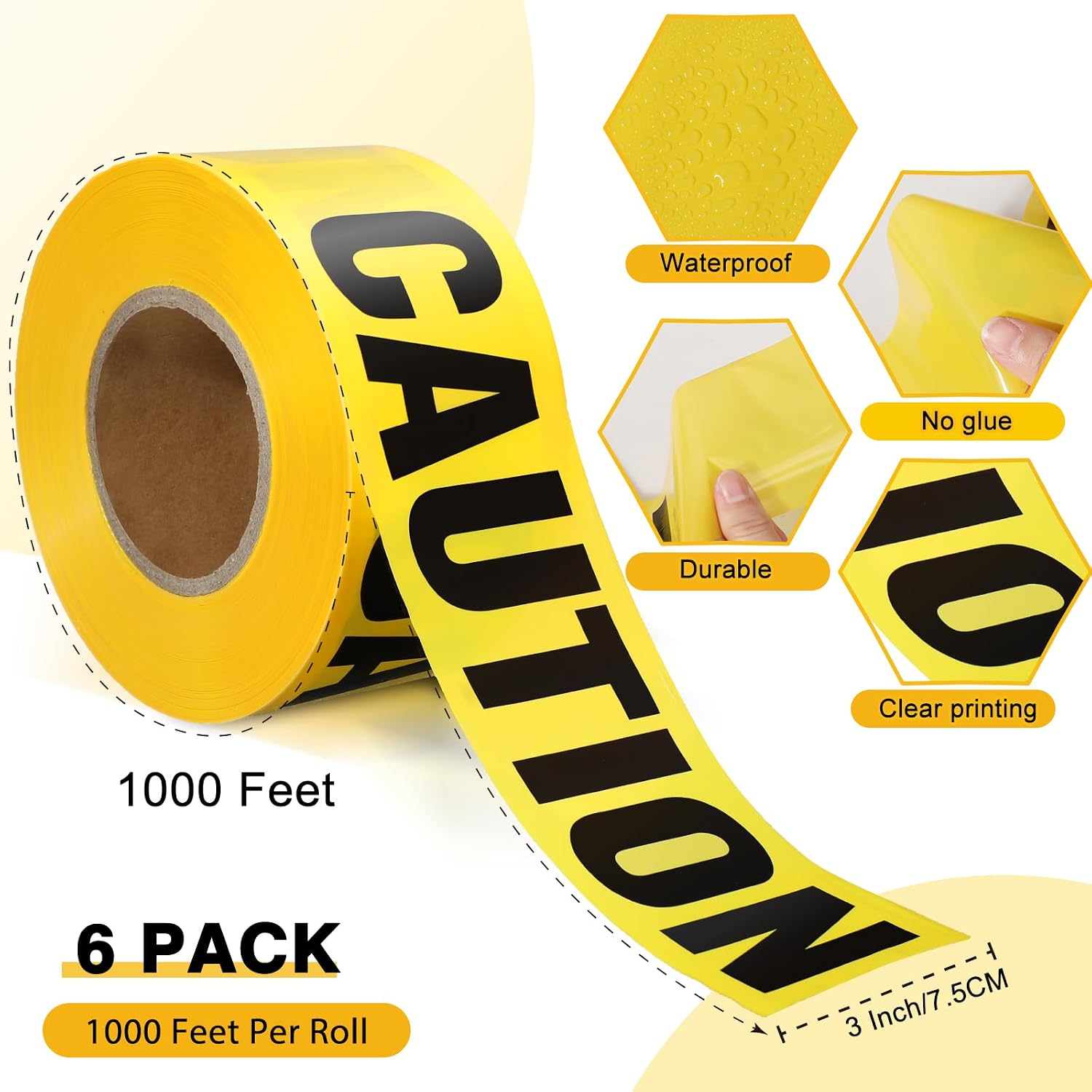 6 Pcs Caution Tape,3" x1000ft,Yellow | Safety Barrier Tape for Construction and Hazardous Zones, Bold Do Not Enter