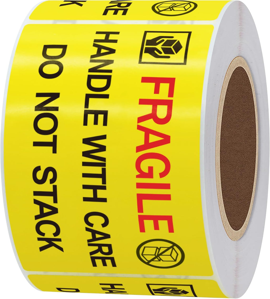 2x3 inch 300pcs Fragile Stickers for Shipping Moving Handle with Care Do Not Stack Yellow Warning Labels (Type 2)