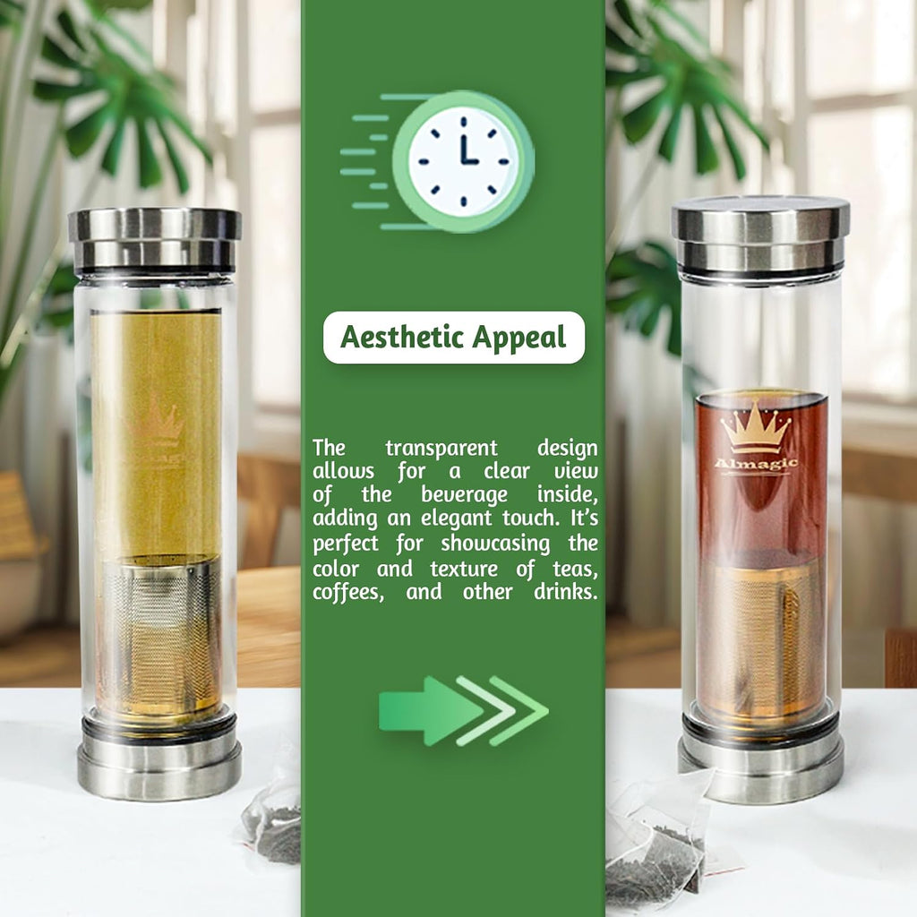 Tea Infuser Bottle for Loose Leaf Teas, 400 ml / 13.5 fl oz | Double Wall Glass Tea Bottle with Infuser, Insulated