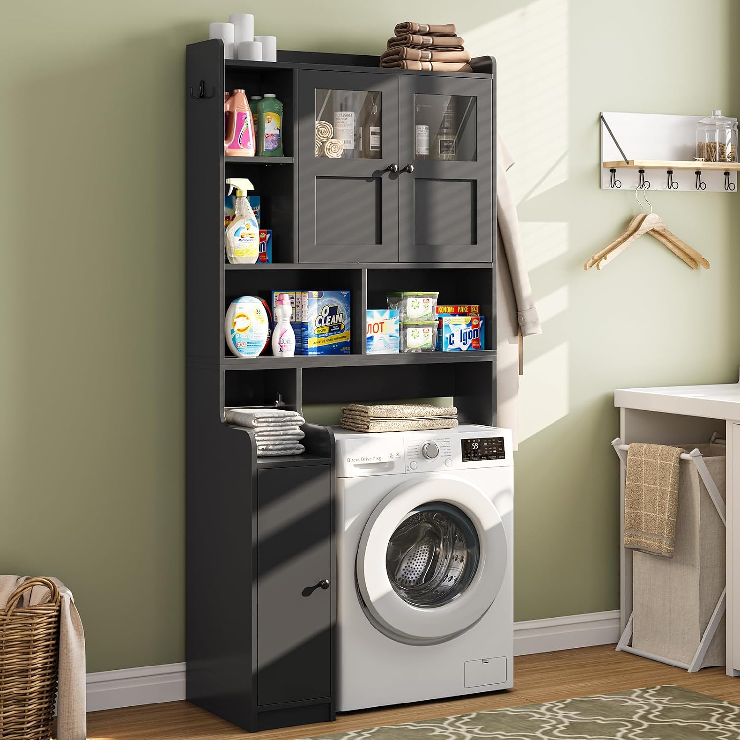 Over The Toilet Storage Cabinet, Over Toilet Bathroom Organizer with Glass Doors & Toilet Paper Holder Stand, Home
