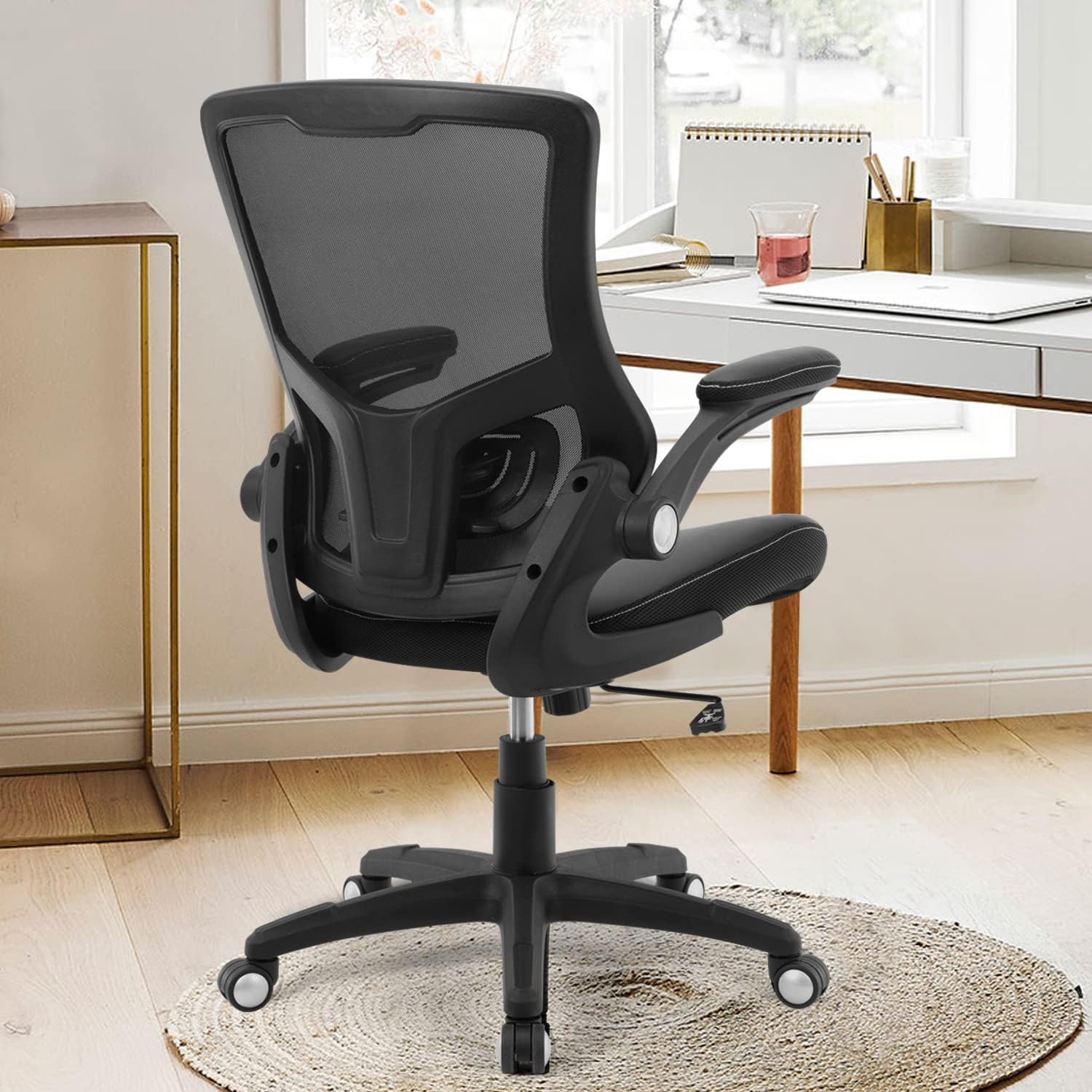 Office Chair Ergonomic Desk Chair, Computer PU Leather Home Office Chair, Swivel Mesh Back Adjustable Lumbar Support