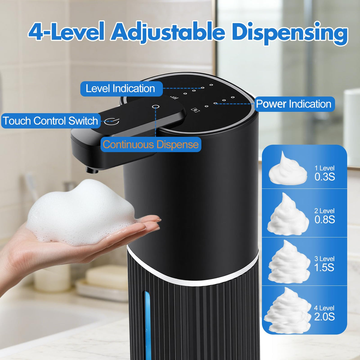 Automatic Soap Dispenser, Foaming Soap Dispenser Touchless with Continuous Dispensing, 4-Level Adjustable