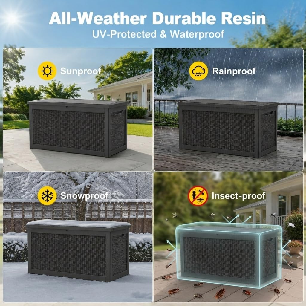 350 Gallon Extra Large Outdoor Storage Box，Resin Waterproof Deck Box，Black