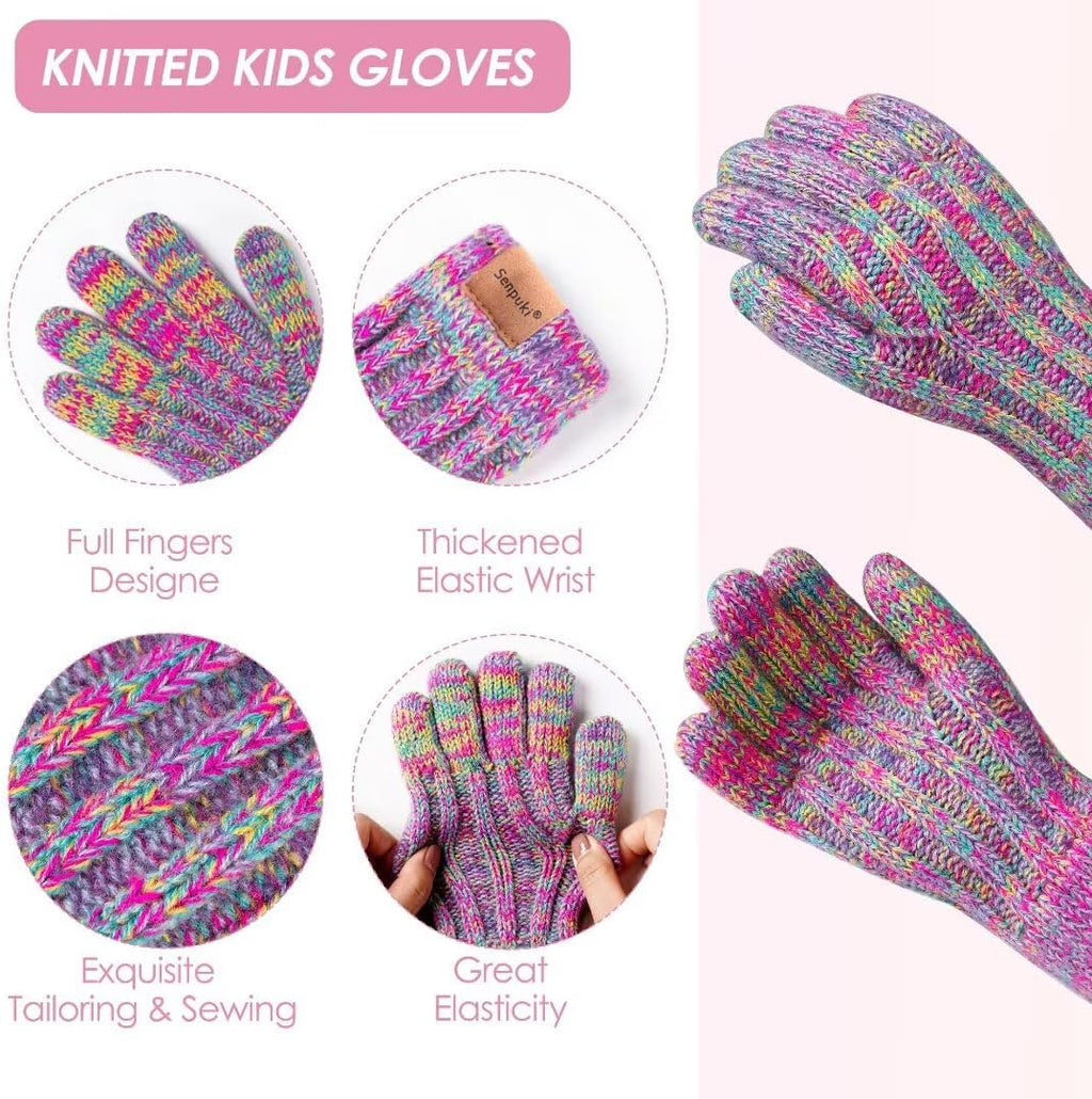 Kids Winter Hat Gloves Scarf Set, Girls Toddler Children Beanie with Pom Knit Neck Warmer Gaiter Mittens Fleece Lined