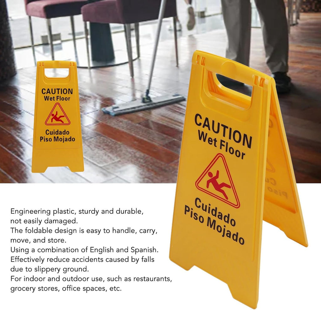 Wet Floor Caution Sign, Foldable Bilingual Safety Warning A Frame for Restaurants Offices Engineering Plastic Yellow