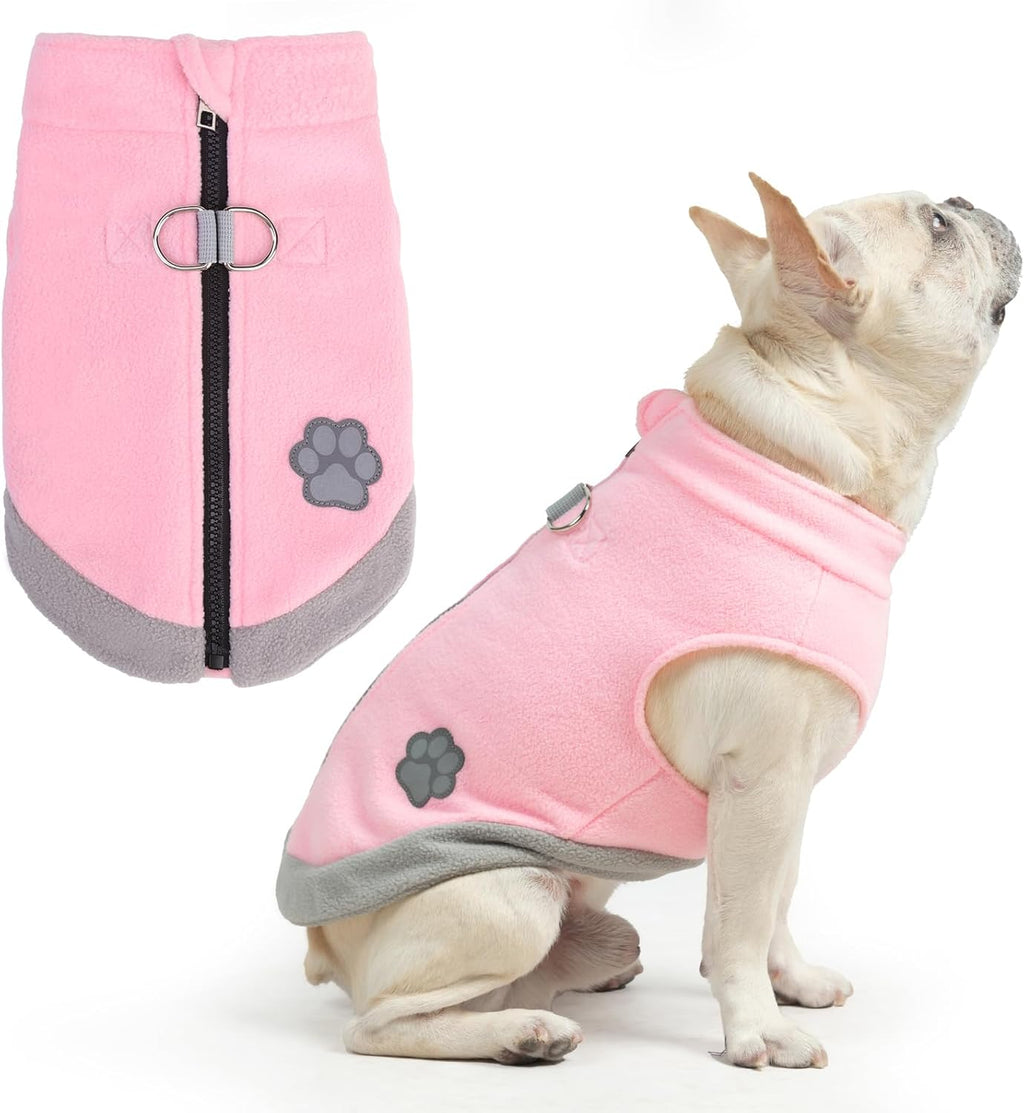 Dog Fleece Vest Sweater Zip Up Warm Pullover Step-in Dog Jacket with Dual D-Ring Leash, Winter Cold Weather