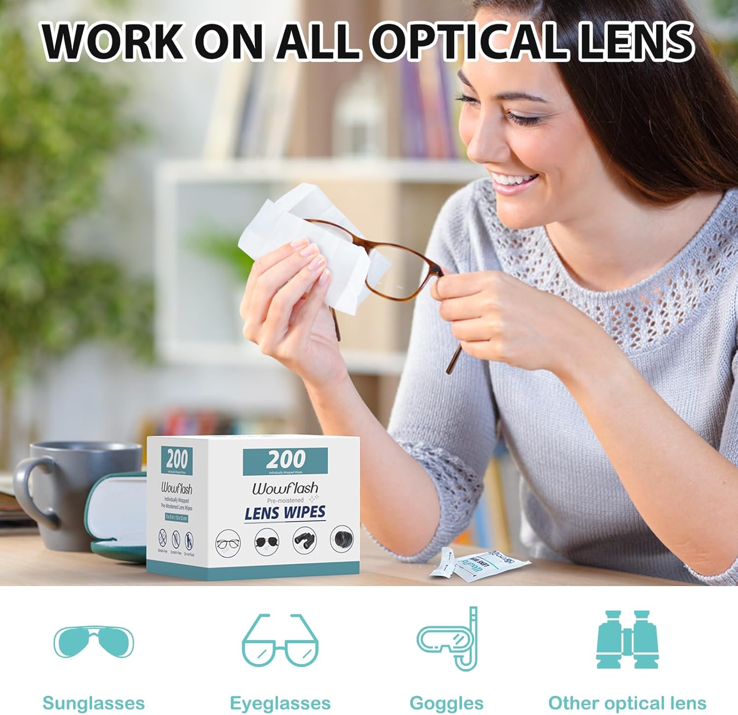 200 Count Lens Wipes for Eyeglasses, Eyeglass Lens Cleaning Wipes Pre-moistened Individually Wrapped Sracth-Free