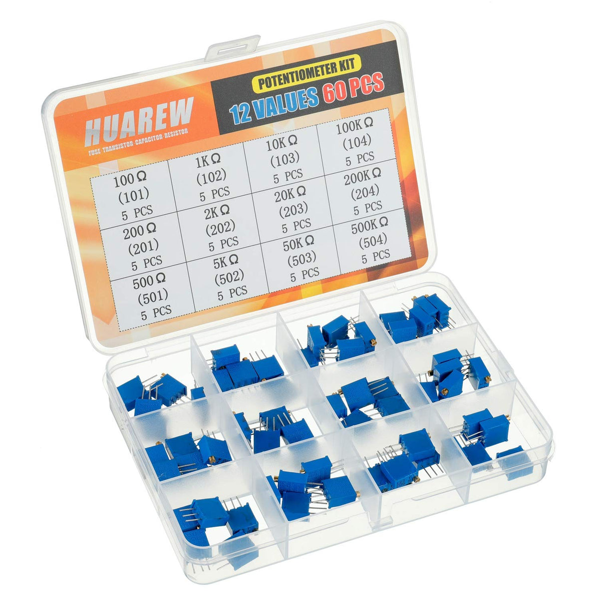 12 Values 60 Pcs 3296W Multiturn Trimmer Potentiometer 100-500 K Ohm Blue 3296 Top Adjustment Variable Resistor Assortment Kit