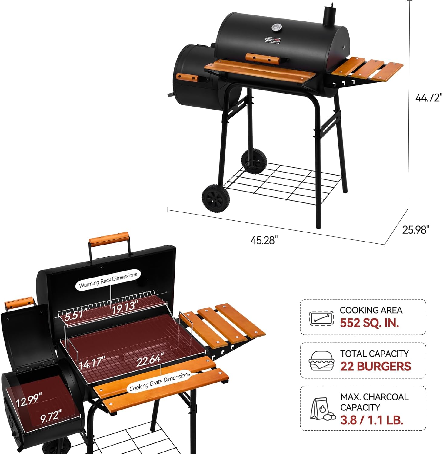 CC1624W Barrel Charcoal Grill with Offset Smoker, 552 Sq. In.