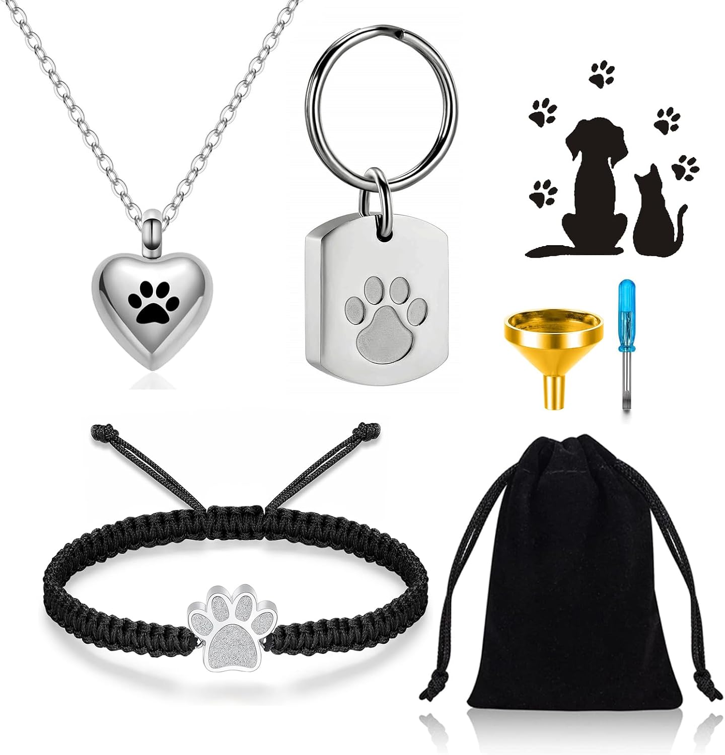 3 Pcs Pet Cremation Jewelry Urn Necklaces Bracelet Keychain for Ashes for Women Men Cat Dog Paw Print Ashes Keepsake