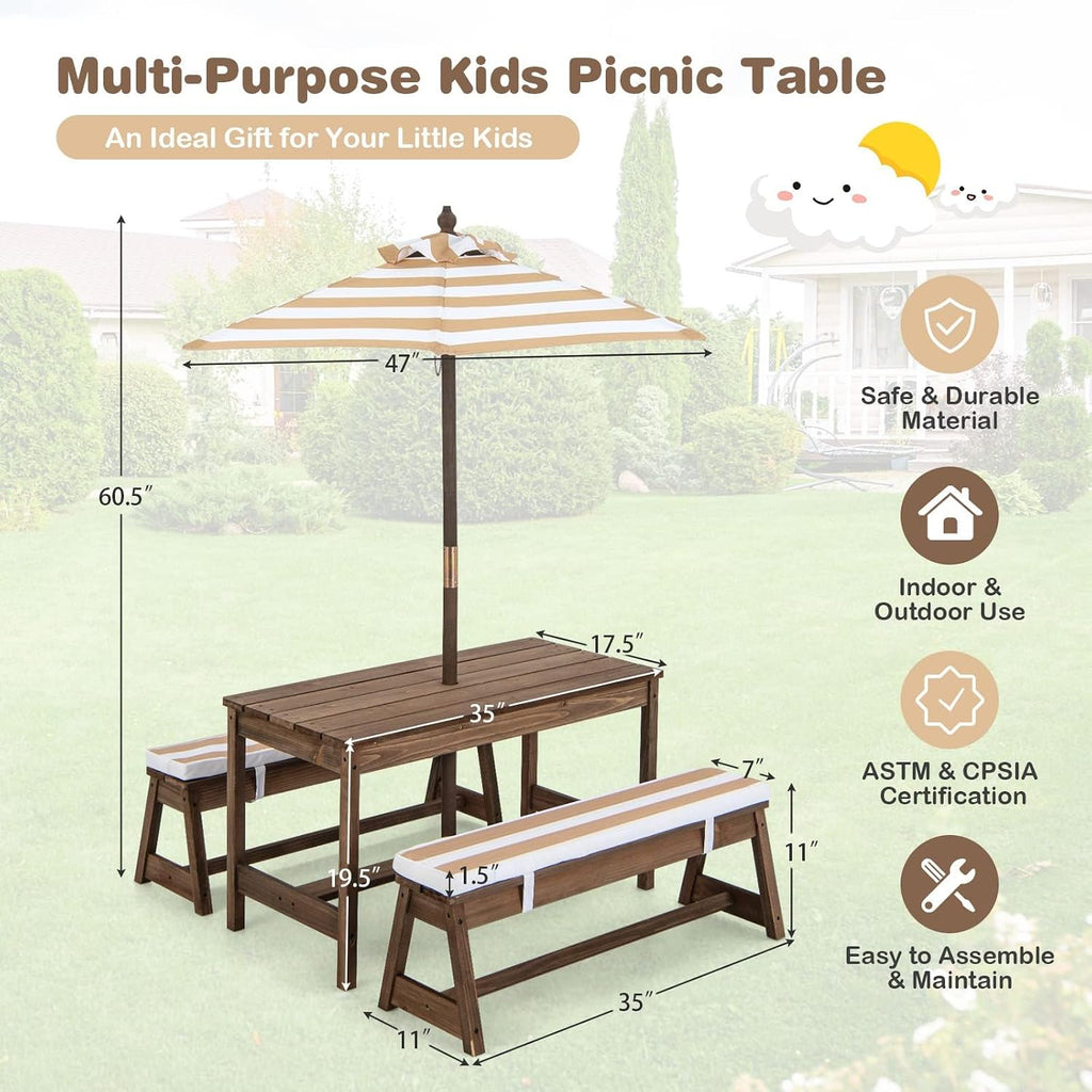 Kids Picnic Table, Outdoor Wooden Table & Bench Set w/Removable Cushions and Umbrella, Stripe Fabric, Children